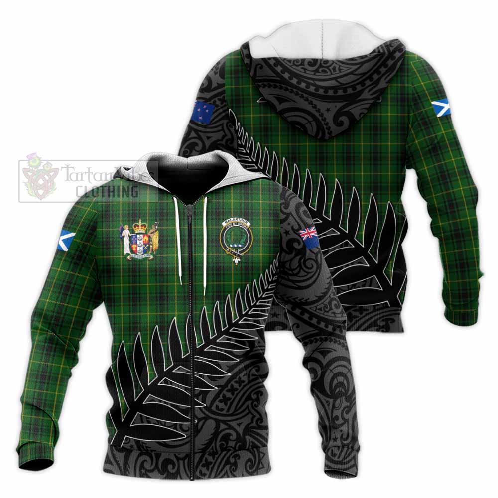 Tartan Vibes Clothing MacArthur (McArthur) Crest Tartan Knitted Hoodie with New Zealand Silver Fern Half Style