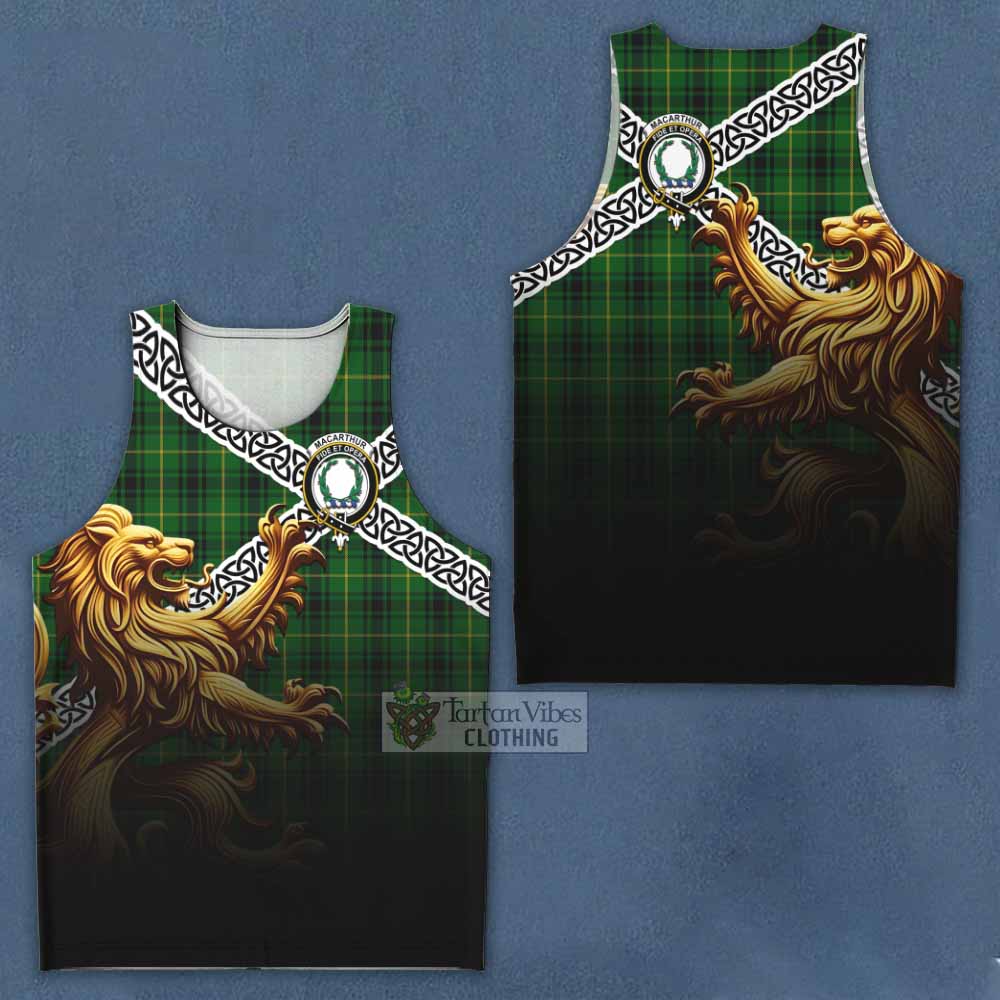 Tartan Vibes Clothing MacArthur (McArthur) Crest Tartan Men's Tank Top with Golden Lion Emblem Celtic Style