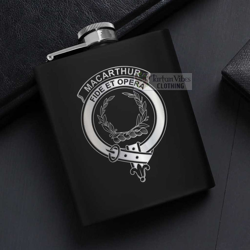 Tartan Vibes Clothing MacArthur (McArthur) Crest Hip Flask Set 7oz Black Stainless Steel with A Gift Box