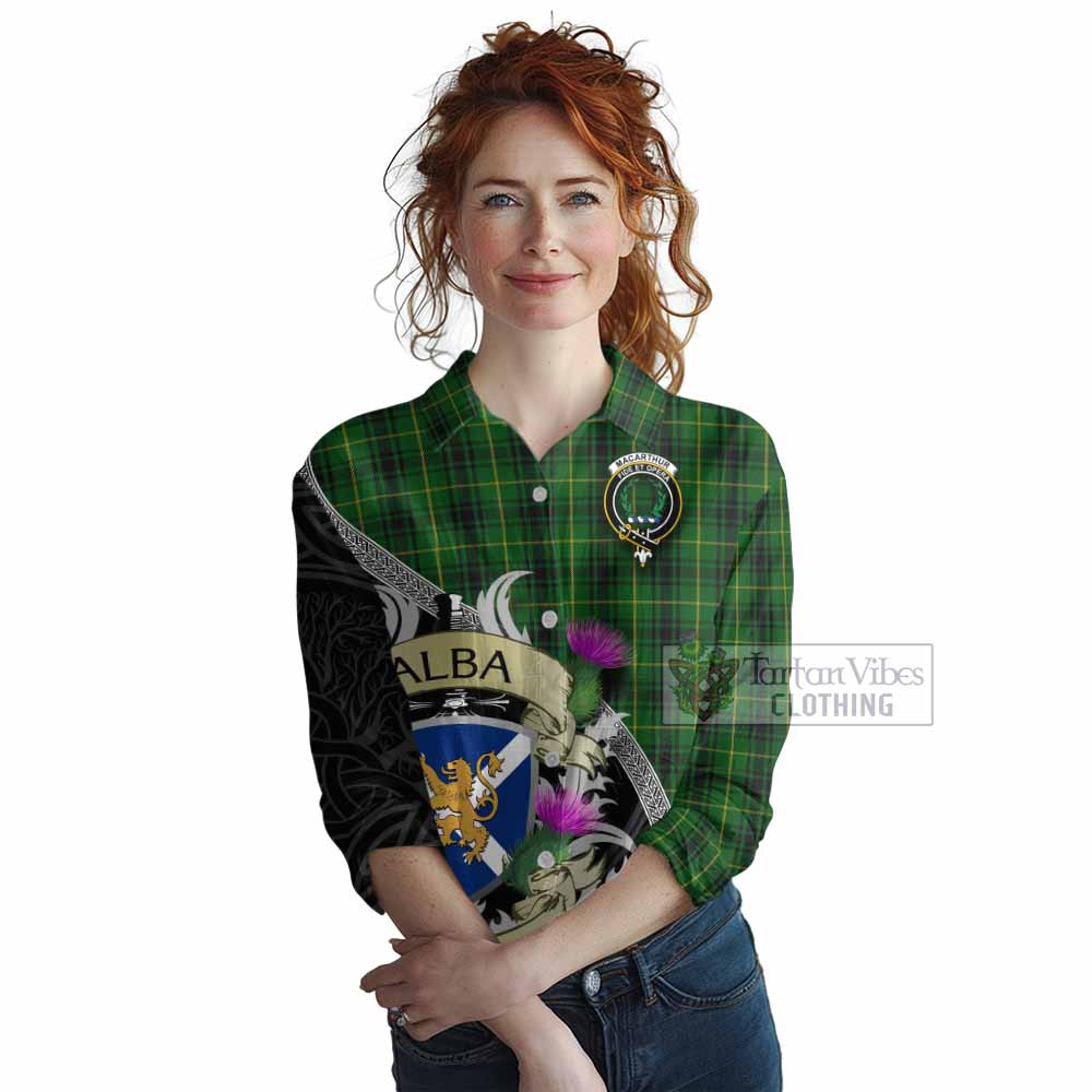 Tartan Vibes Clothing MacArthur (McArthur) Tartan Family Crest Women's Casual Shirt Lion Rampant Royal Thistle Shield Celtic Inspired
