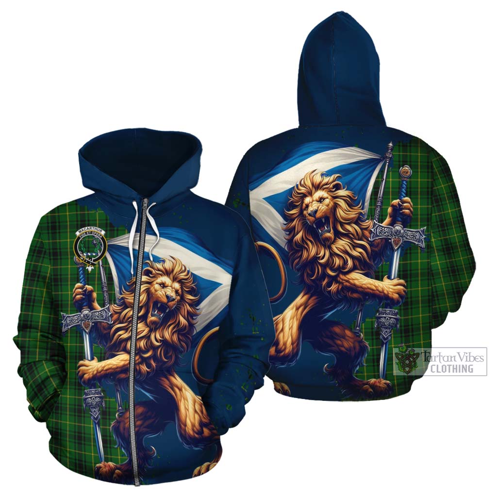 Tartan Vibes Clothing MacArthur (McArthur) Tartan Family Crest Cotton Hoodie with Scottish Majestic Lion