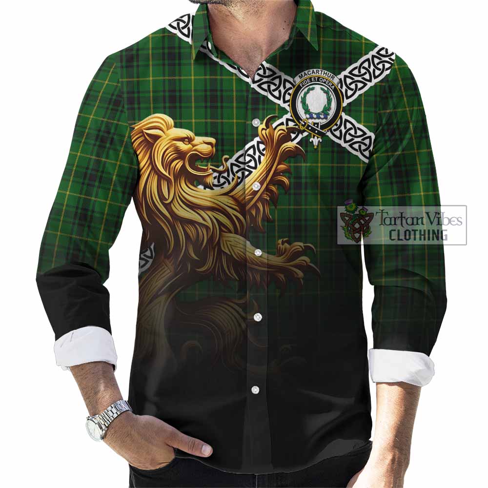 Tartan Vibes Clothing MacArthur (McArthur) Crest Tartan Long Sleeve Button Shirt with Golden Lion Emblem Celtic Style