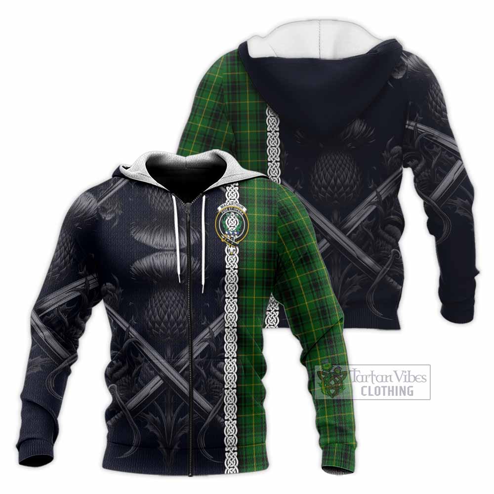 Tartan Vibes Clothing MacArthur (McArthur) Tartan Knitted Hoodie with Family Crest Cross Sword Thistle Celtic Vibes