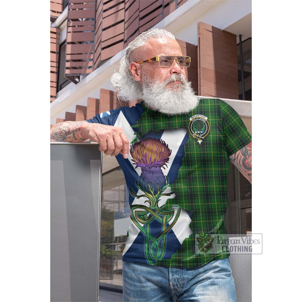 Tartan Vibes Clothing MacArthur (McArthur) Tartan Family Crest Cotton T-shirt Scottish Thistle Celtic Inspired