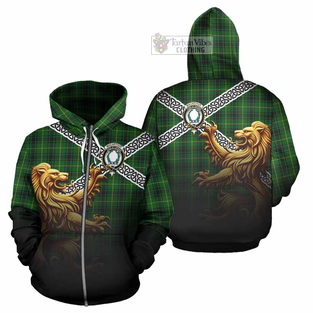 Tartan Vibes Clothing MacArthur (McArthur) Crest Tartan Hoodie with Golden Lion Emblem Celtic Style