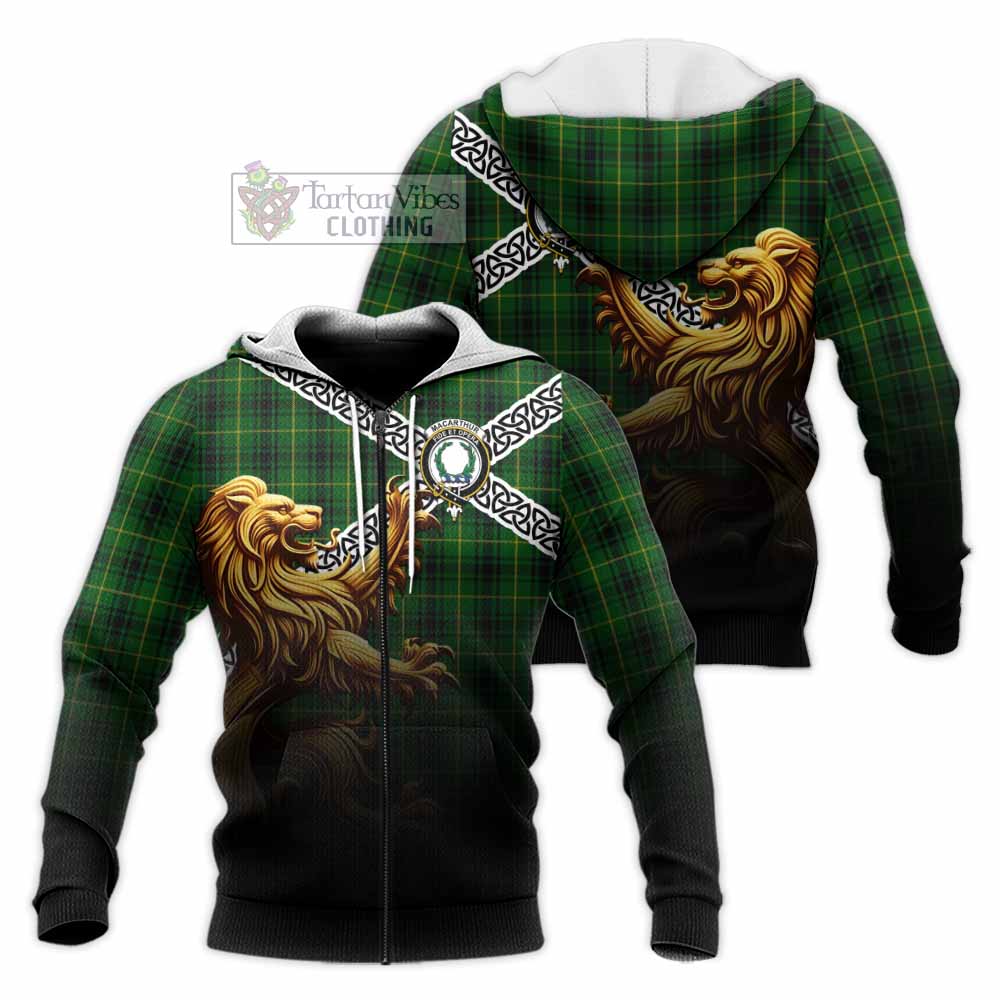Tartan Vibes Clothing MacArthur (McArthur) Crest Tartan Knitted Hoodie with Golden Lion Emblem Celtic Style