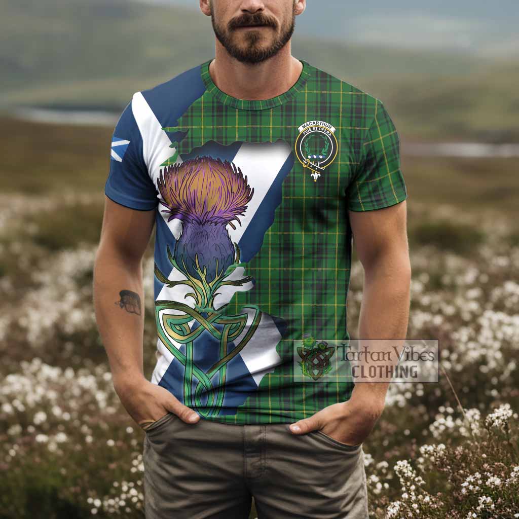 Tartan Vibes Clothing MacArthur (McArthur) Tartan Family Crest T-Shirt Scottish Thistle Celtic Inspired
