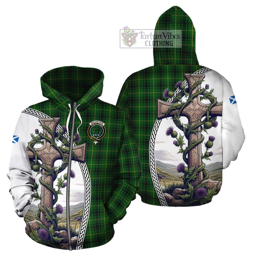 Tartan Vibes Clothing MacArthur (McArthur) Tartan Cotton Hoodie with Family Crest and St. Andrew's Cross Accented by Thistle Vines