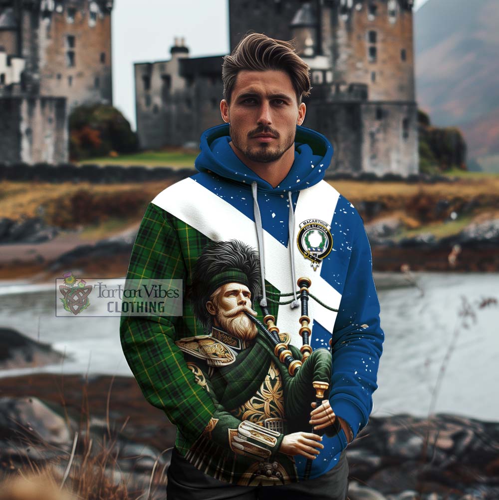 Tartan Vibes Clothing MacArthur (McArthur) Tartan Cotton Hoodie with Family Crest Scottish Bagpiper Vibes