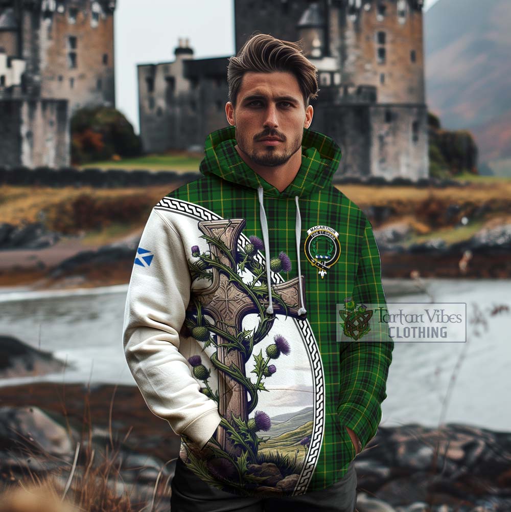 Tartan Vibes Clothing MacArthur (McArthur) Tartan Cotton Hoodie with Family Crest and St. Andrew's Cross Accented by Thistle Vines