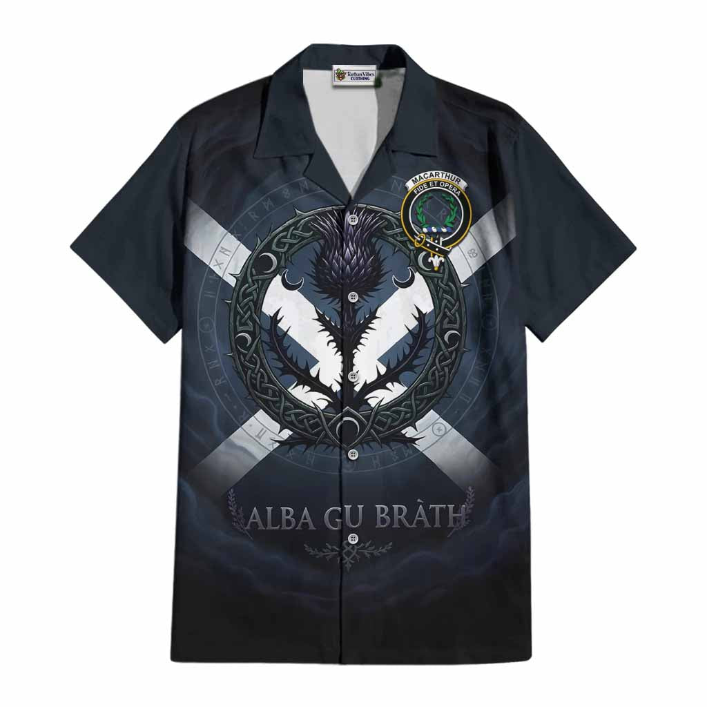 MacArthur (McArthur) Clan Crest Cotton Hawaiian Shirt with Celtic Knot Thistle and Saltire