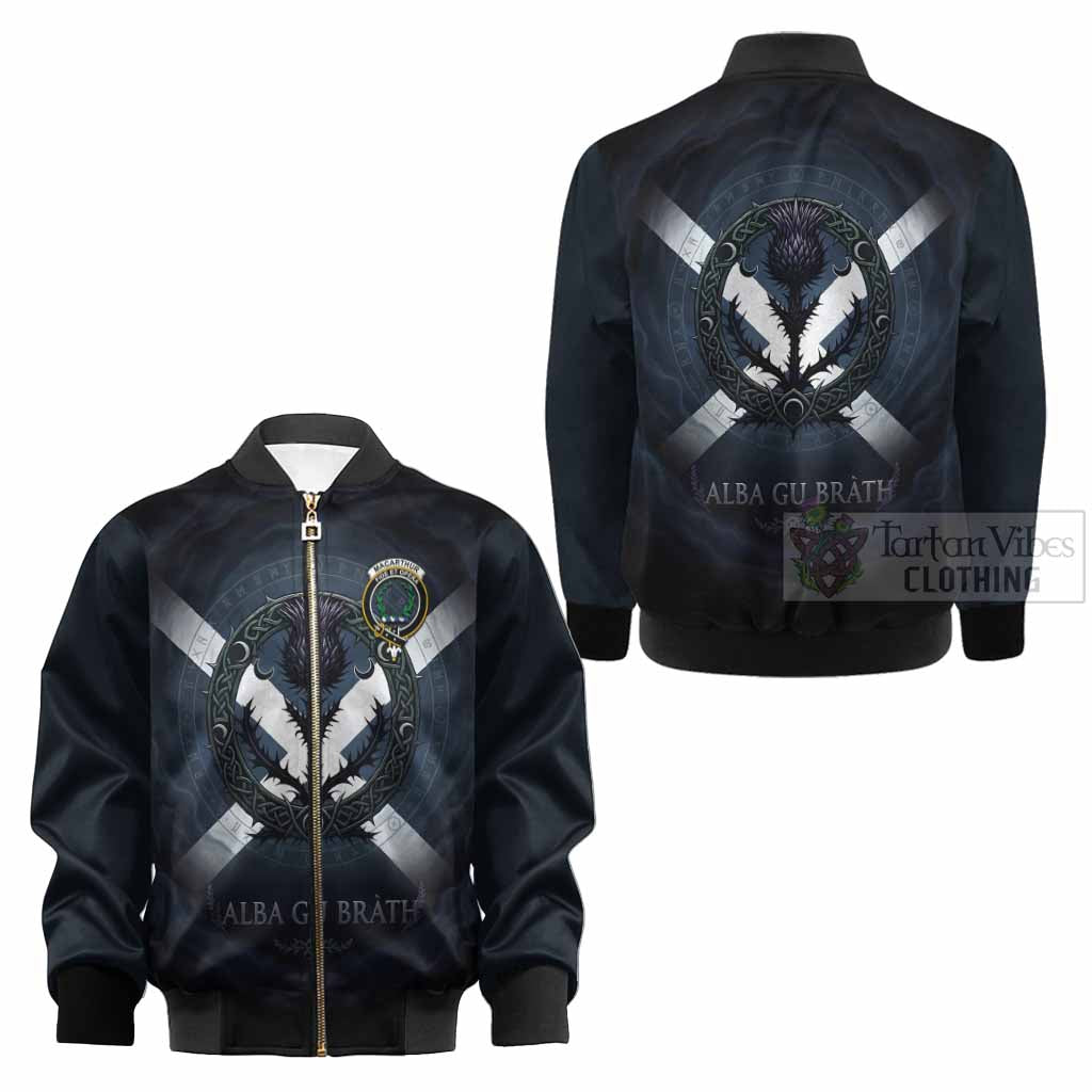 MacArthur (McArthur) Clan Crest Kid Bomber Jacket with Celtic Knot Thistle and Saltire