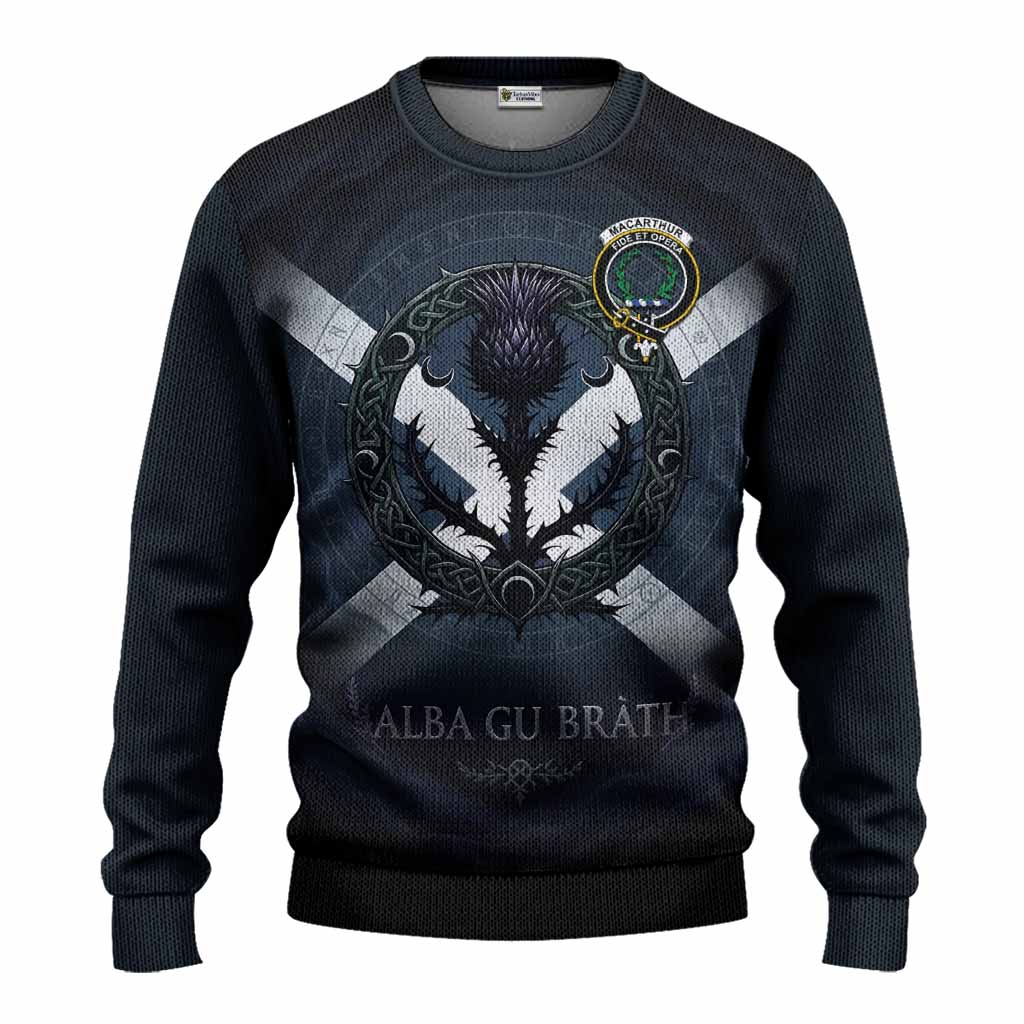 MacArthur (McArthur) Clan Crest Knitted Sweater with Celtic Knot Thistle and Saltire