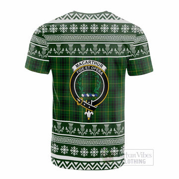 MacArthur (McArthur) Clan Tartan Christmas Cotton T-shirt with Family Crest