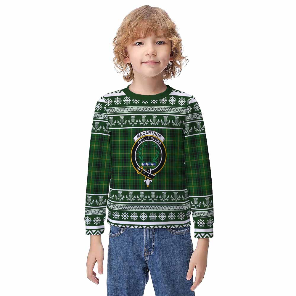 MacArthur (McArthur) Clan Tartan Christmas Kid Ugly Sweatshirt with Family Crest - Tartan Vibes Clothing