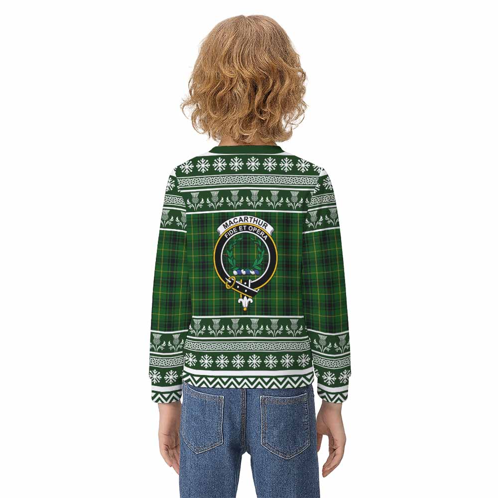MacArthur (McArthur) Clan Tartan Christmas Kid Ugly Sweatshirt with Family Crest - Tartan Vibes Clothing