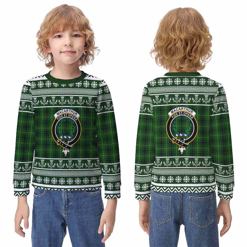 MacArthur (McArthur) Clan Tartan Christmas Kid Ugly Sweatshirt with Family Crest - Tartan Vibes Clothing