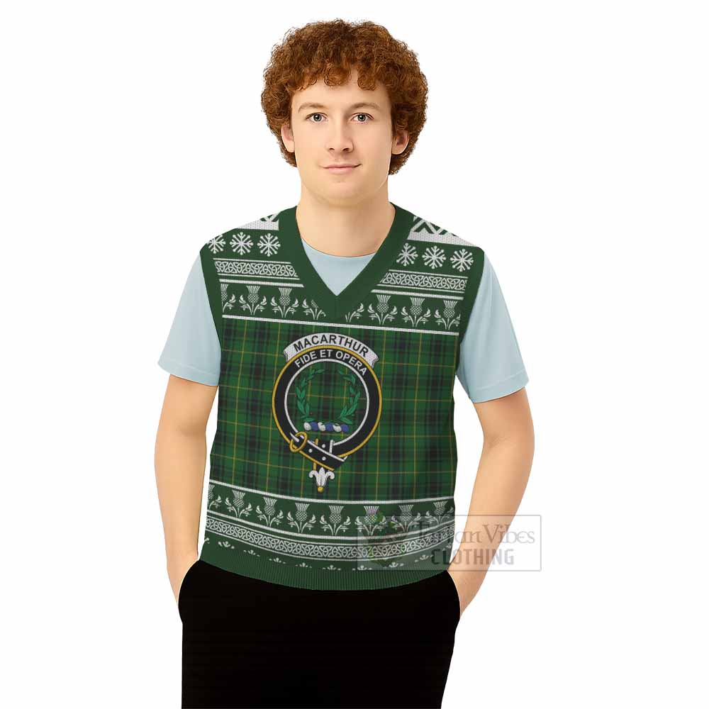 MacArthur (McArthur) Clan Tartan Christmas Knitted V-Neck Vest with Family Crest - Tartan Vibes Clothing