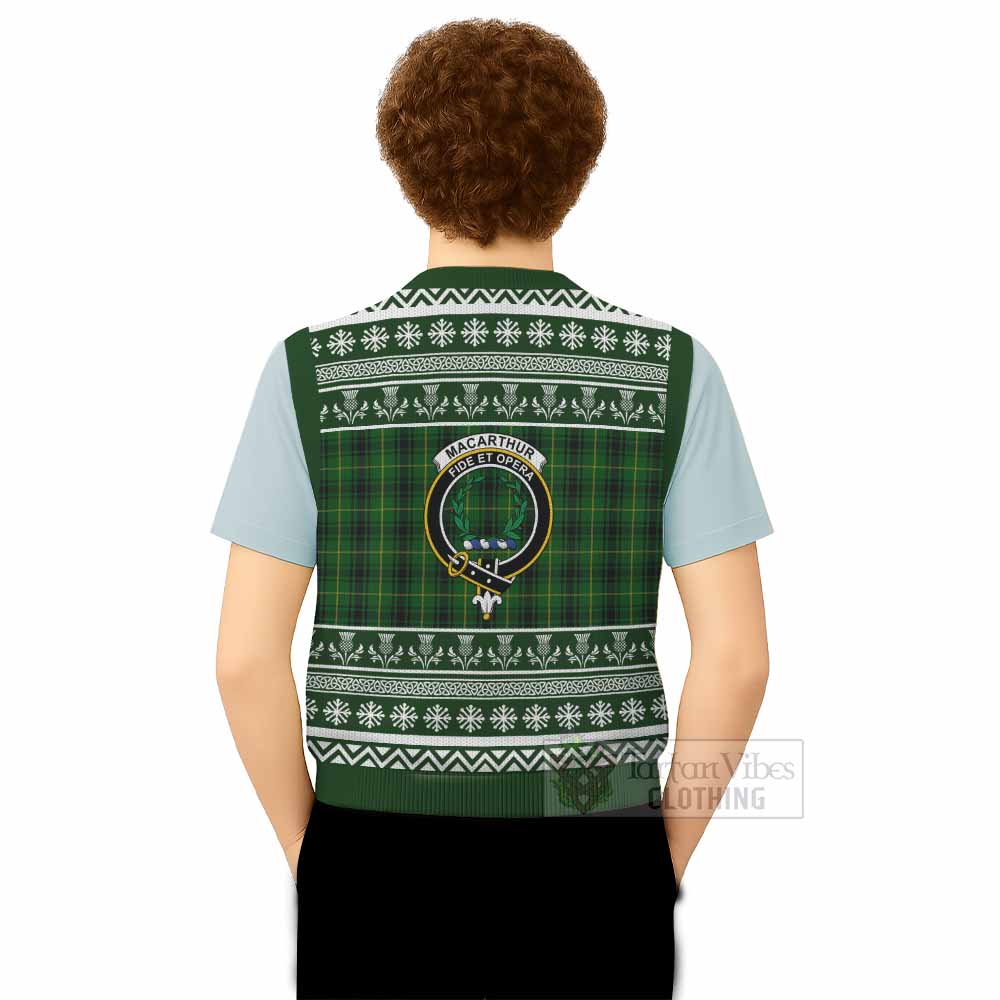 MacArthur (McArthur) Clan Tartan Christmas Knitted V-Neck Vest with Family Crest - Tartan Vibes Clothing