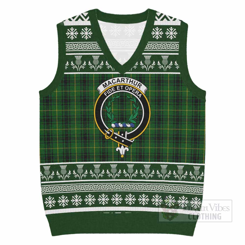 MacArthur (McArthur) Clan Tartan Christmas Knitted V-Neck Vest with Family Crest - Tartan Vibes Clothing