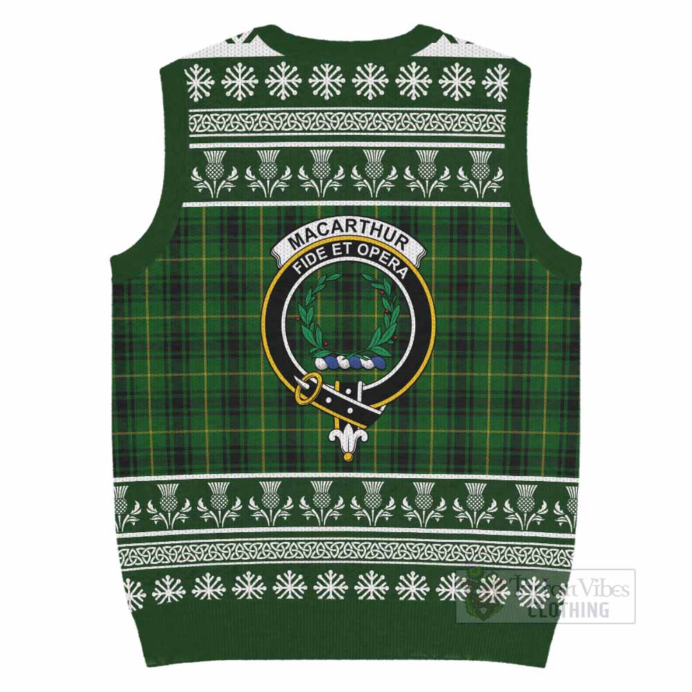 MacArthur (McArthur) Clan Tartan Christmas Knitted V-Neck Vest with Family Crest - Tartan Vibes Clothing