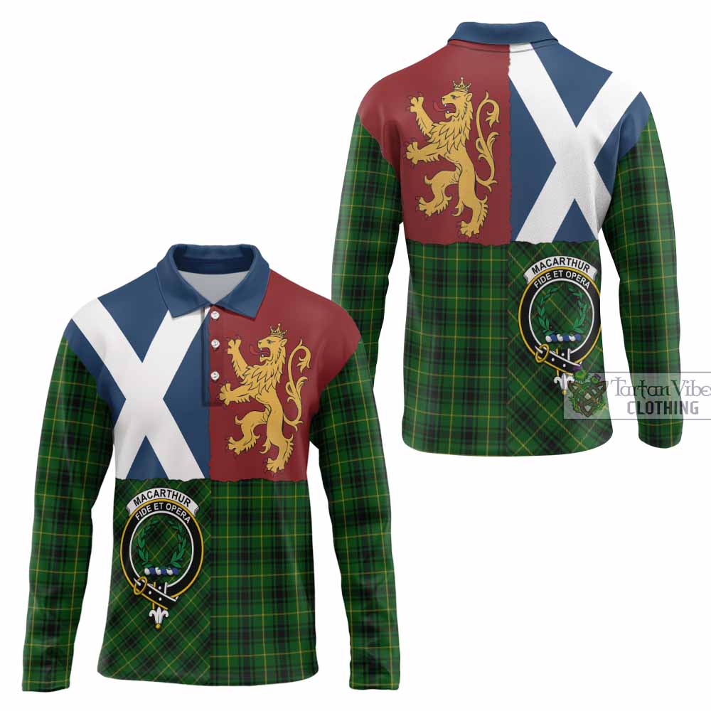 MacArthur (McArthur) Crest Tartan Long Sleeve Polo Shirt with Lion Rampant Saltire Style