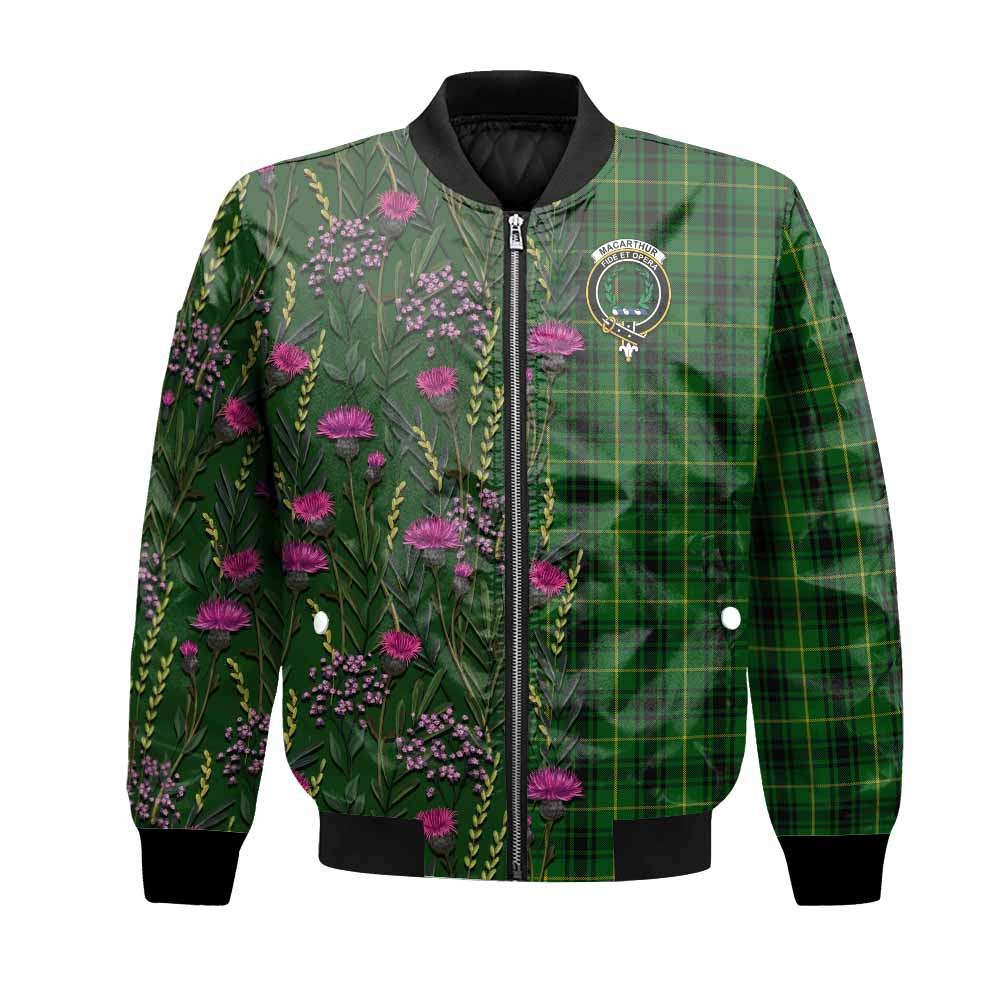 MacArthur (McArthur) Family Crest Tartan Bomber Jacket Scottish Thistle Flower Pattern Half Style - Tartan Vibes Clothing