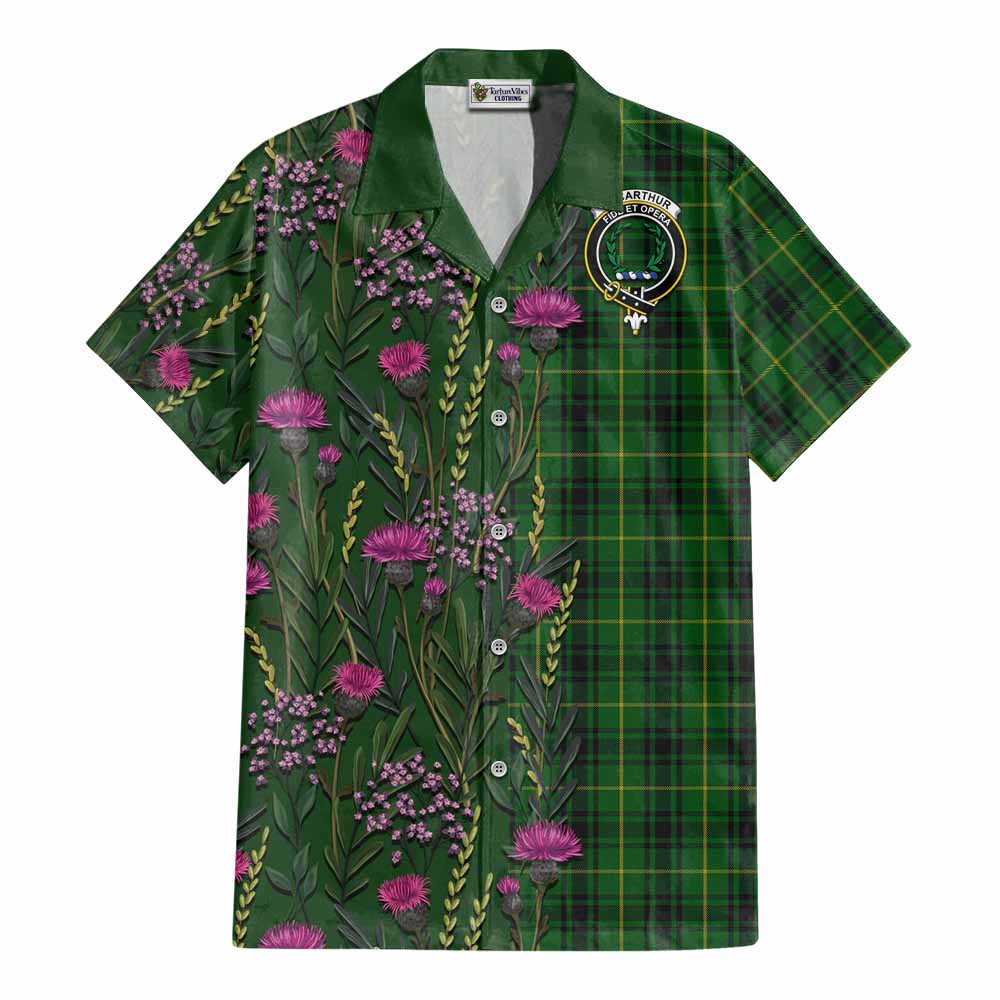 MacArthur (McArthur) Family Crest Tartan Cotton Hawaiian Shirt Scottish Thistle Flower Pattern Half Style - Tartan Vibes Clothing