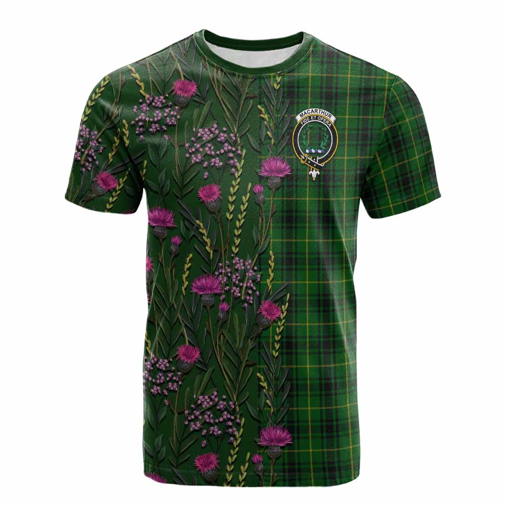 MacArthur (McArthur) Family Crest Tartan Cotton T-shirt Scottish Thistle Flower Pattern Half Style - Tartan Vibes Clothing