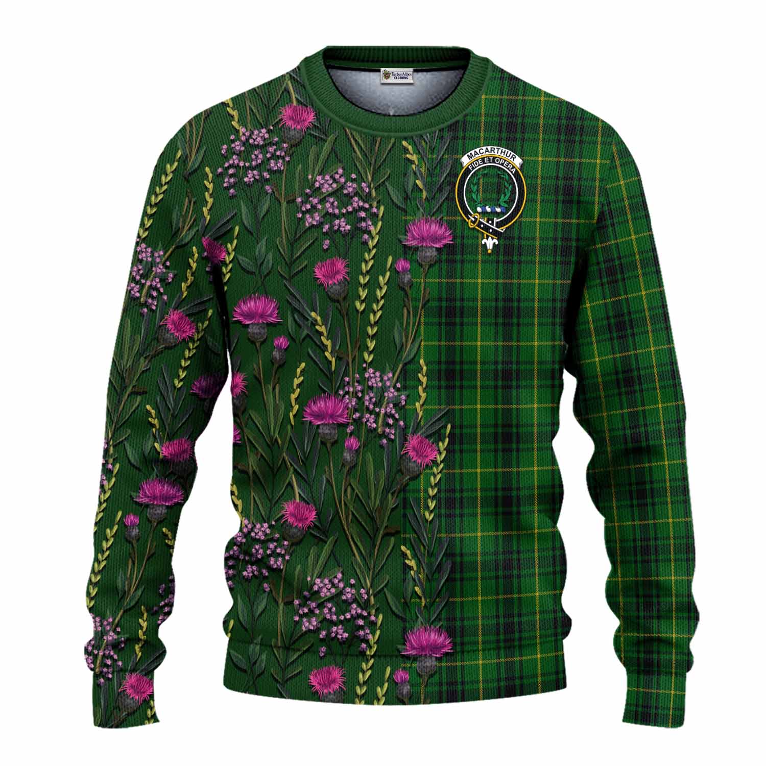 MacArthur (McArthur) Family Crest Tartan Knitted Sweater Scottish Thistle Flower Pattern Half Style - Tartan Vibes Clothing