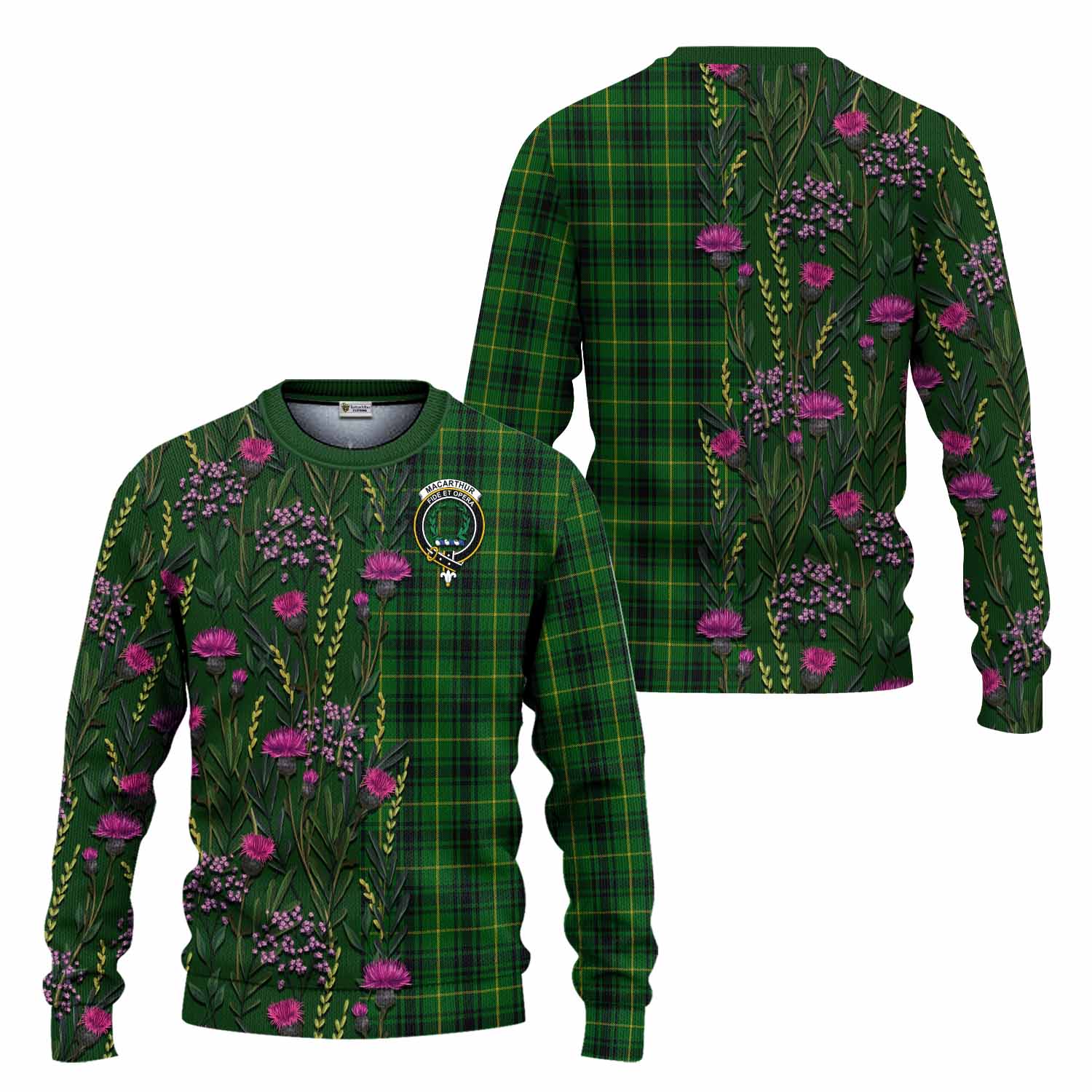 MacArthur (McArthur) Family Crest Tartan Knitted Sweater Scottish Thistle Flower Pattern Half Style - Tartan Vibes Clothing