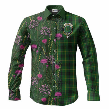MacArthur (McArthur) Family Crest Tartan Long Sleeve Button Shirts Scottish Thistle Flower Pattern Half Style