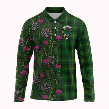 MacArthur (McArthur) Family Crest Tartan Long Sleeve Polo Shirt Scottish Thistle Flower Pattern Half Style