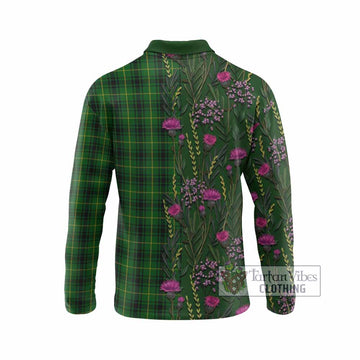 MacArthur (McArthur) Family Crest Tartan Long Sleeve Polo Shirt Scottish Thistle Flower Pattern Half Style