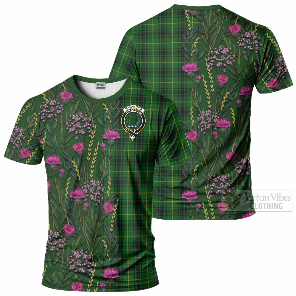 MacArthur (McArthur) Family Crest Tartan T-Shirt Scottish Thistle Flower Pattern Half Style - Tartan Vibes Clothing