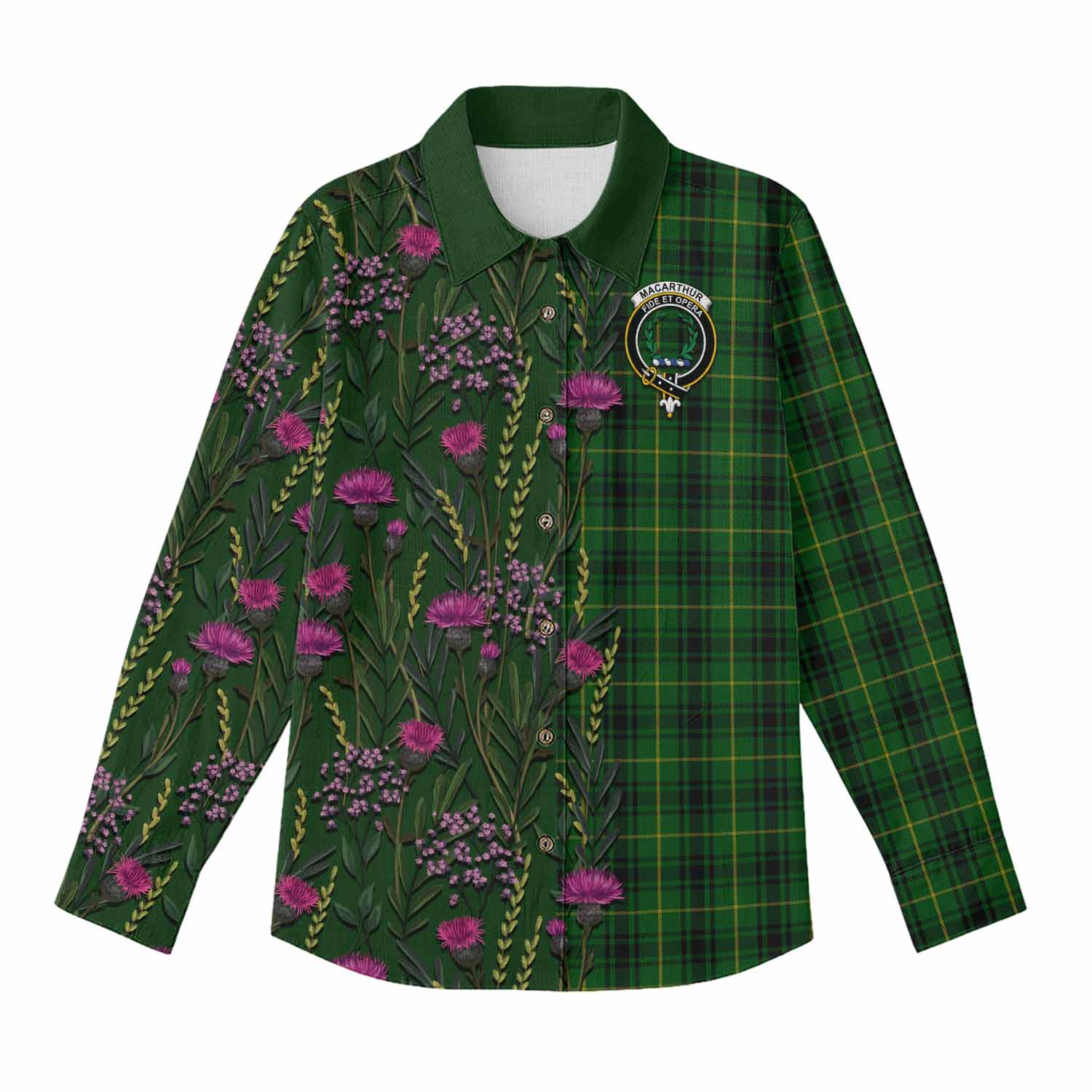 MacArthur (McArthur) Family Crest Tartan Women Casual Shirt Scottish Thistle Flower Pattern Half Style - Tartan Vibes Clothing