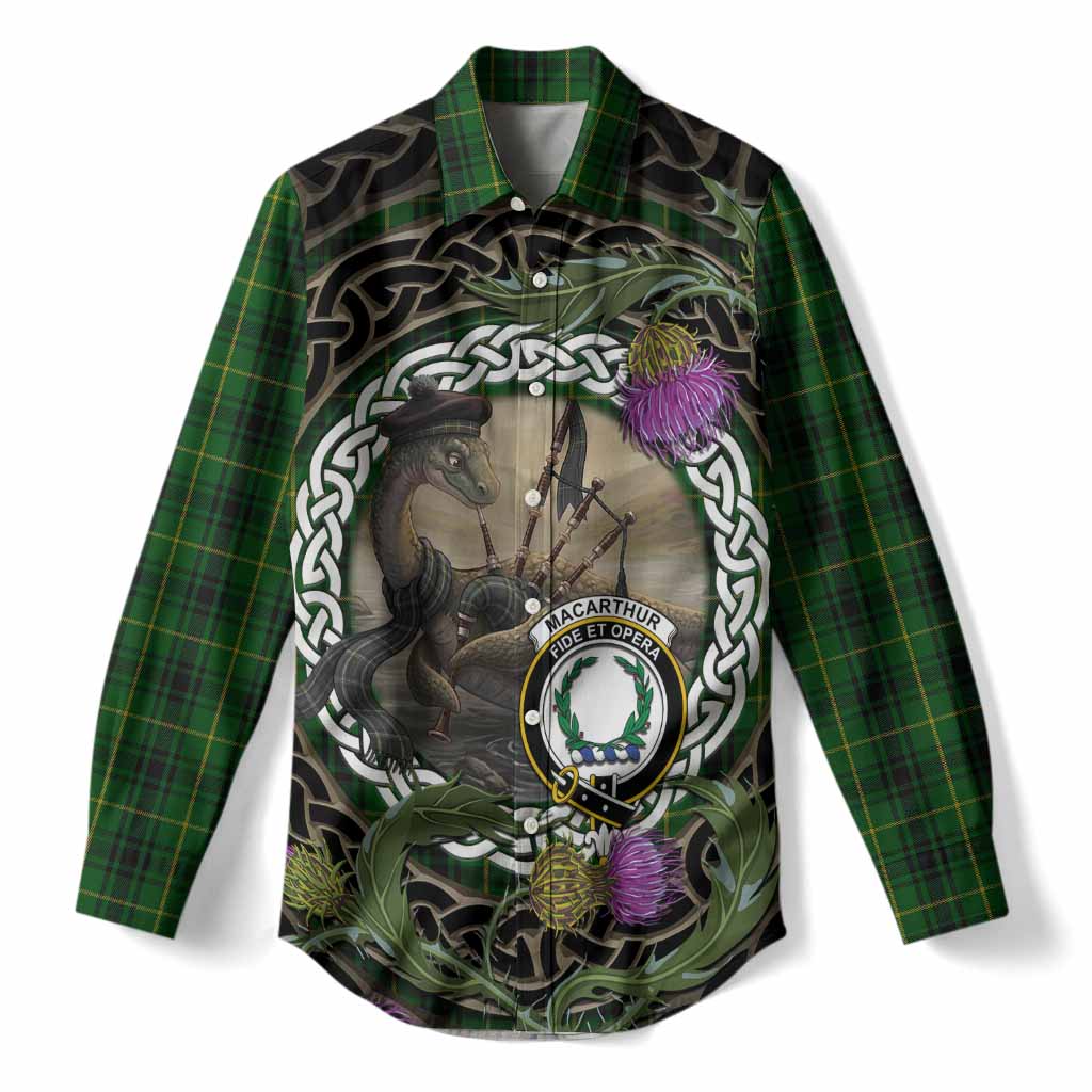 MacArthur (McArthur) Tartan Crest Bagpipe Nessie Women Casual Shirt Scottish Loch Ness Monster Celtic Thistle