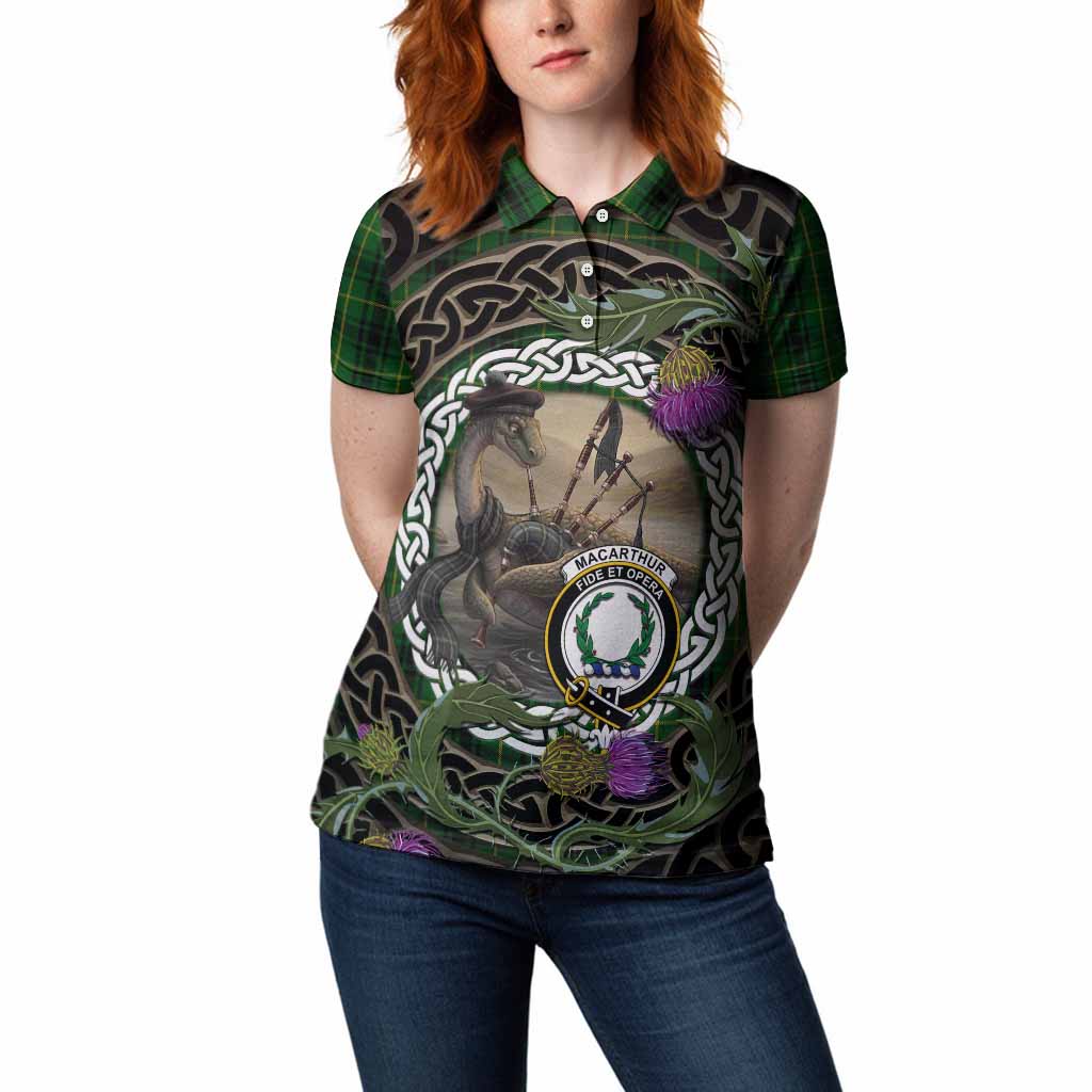 MacArthur (McArthur) Tartan Crest Bagpipe Nessie Women Polo Shirt Scottish Loch Ness Monster Celtic Thistle