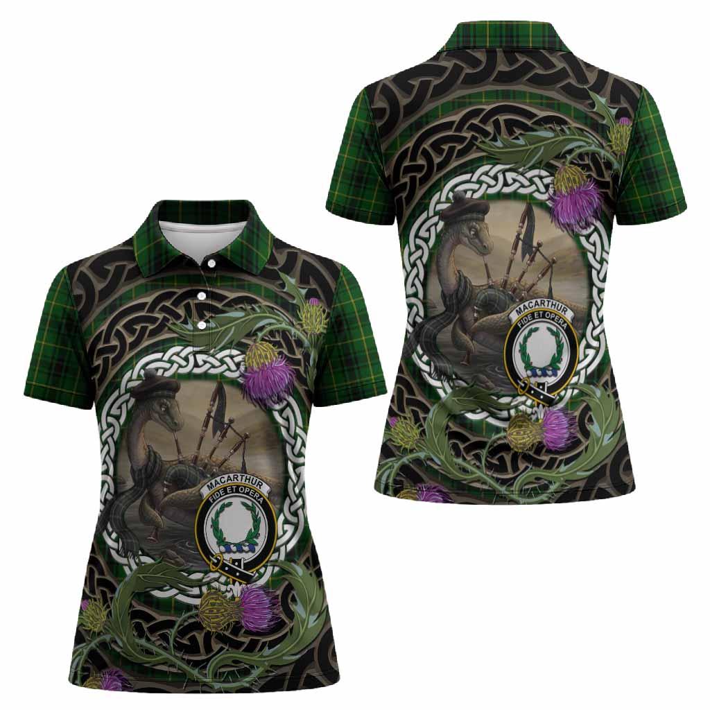 MacArthur (McArthur) Tartan Crest Bagpipe Nessie Women Polo Shirt Scottish Loch Ness Monster Celtic Thistle