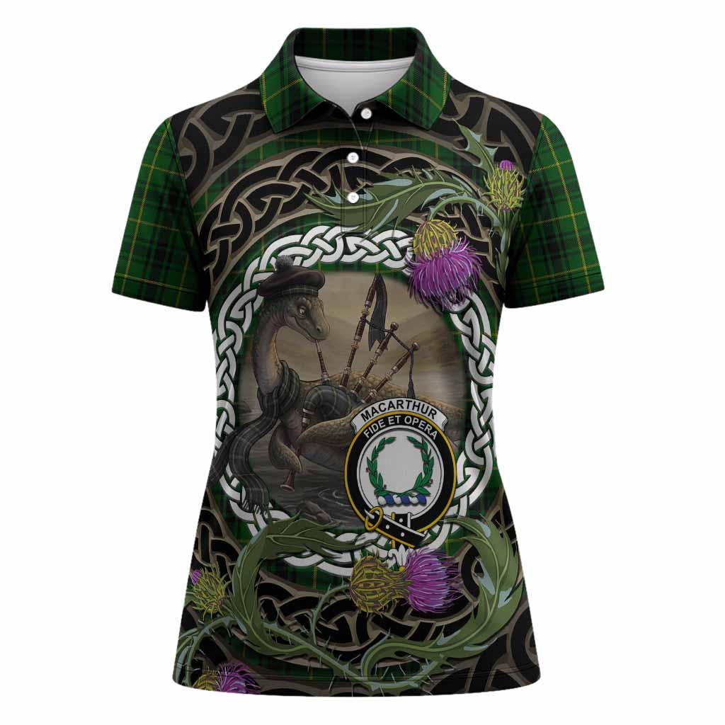 MacArthur (McArthur) Tartan Crest Bagpipe Nessie Women Polo Shirt Scottish Loch Ness Monster Celtic Thistle