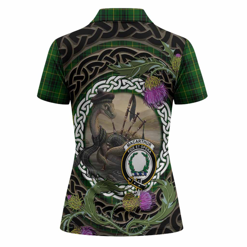 MacArthur (McArthur) Tartan Crest Bagpipe Nessie Women Polo Shirt Scottish Loch Ness Monster Celtic Thistle