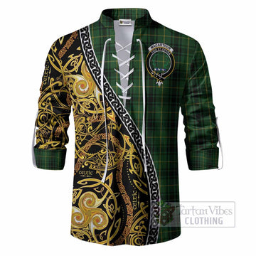 MacArthur (McArthur) Tartan Crest Ghillie Shirt Celtic Knot and Triple Trickle Spiral Symbols