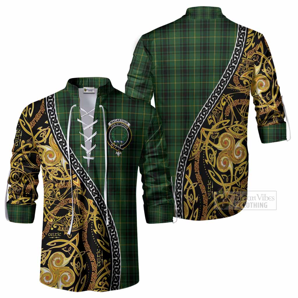 MacArthur (McArthur) Tartan Crest Ghillie Shirt Celtic Knot and Triple Trickle Spiral Symbols
