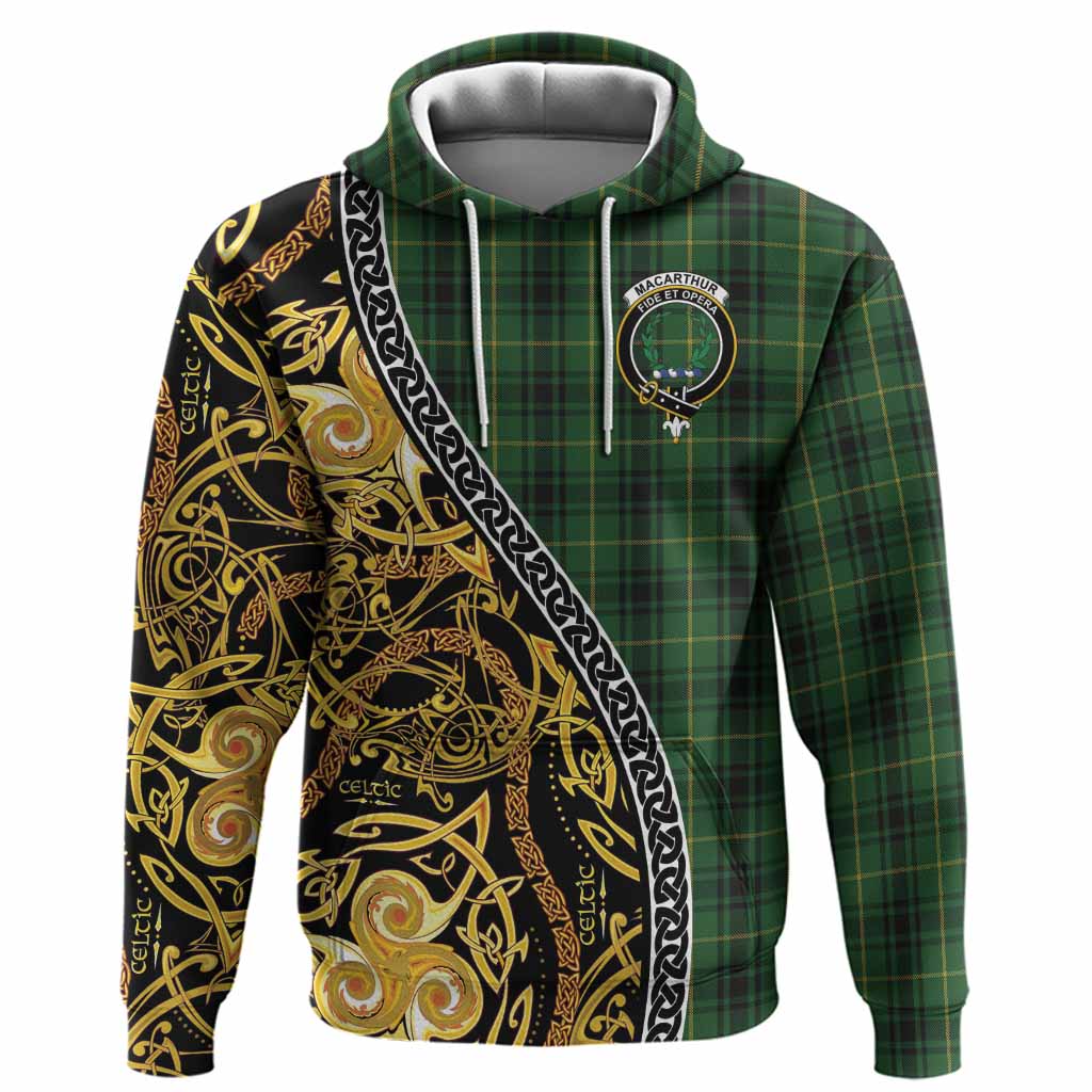 MacArthur (McArthur) Tartan Crest Hoodie Celtic Knot and Triple Trickle Spiral Symbols