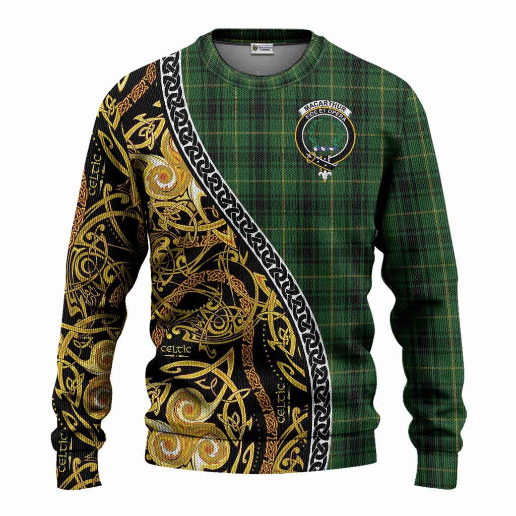 MacArthur (McArthur) Tartan Crest Knitted Sweater Celtic Knot and Triple Trickle Spiral Symbols