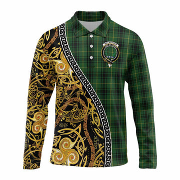 MacArthur (McArthur) Tartan Crest Long Sleeve Polo Shirt Celtic Knot and Triple Trickle Spiral Symbols