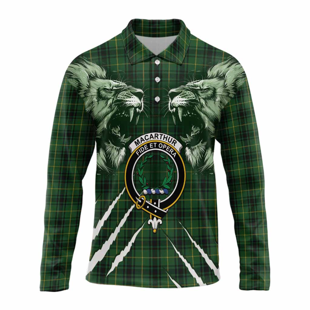 MacArthur (McArthur) Tartan Crest Long Sleeve Polo Shirt Ferocious Lion Style