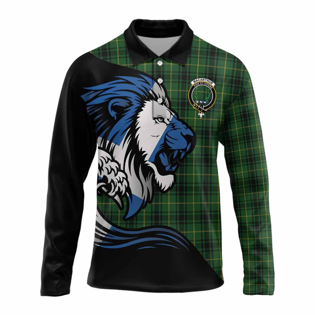 MacArthur (McArthur) Tartan Crest Long Sleeve Polo Shirt Scottish Golden Lions Wave Flow