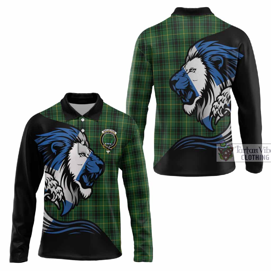 MacArthur (McArthur) Tartan Crest Long Sleeve Polo Shirt Scottish Golden Lions Wave Flow
