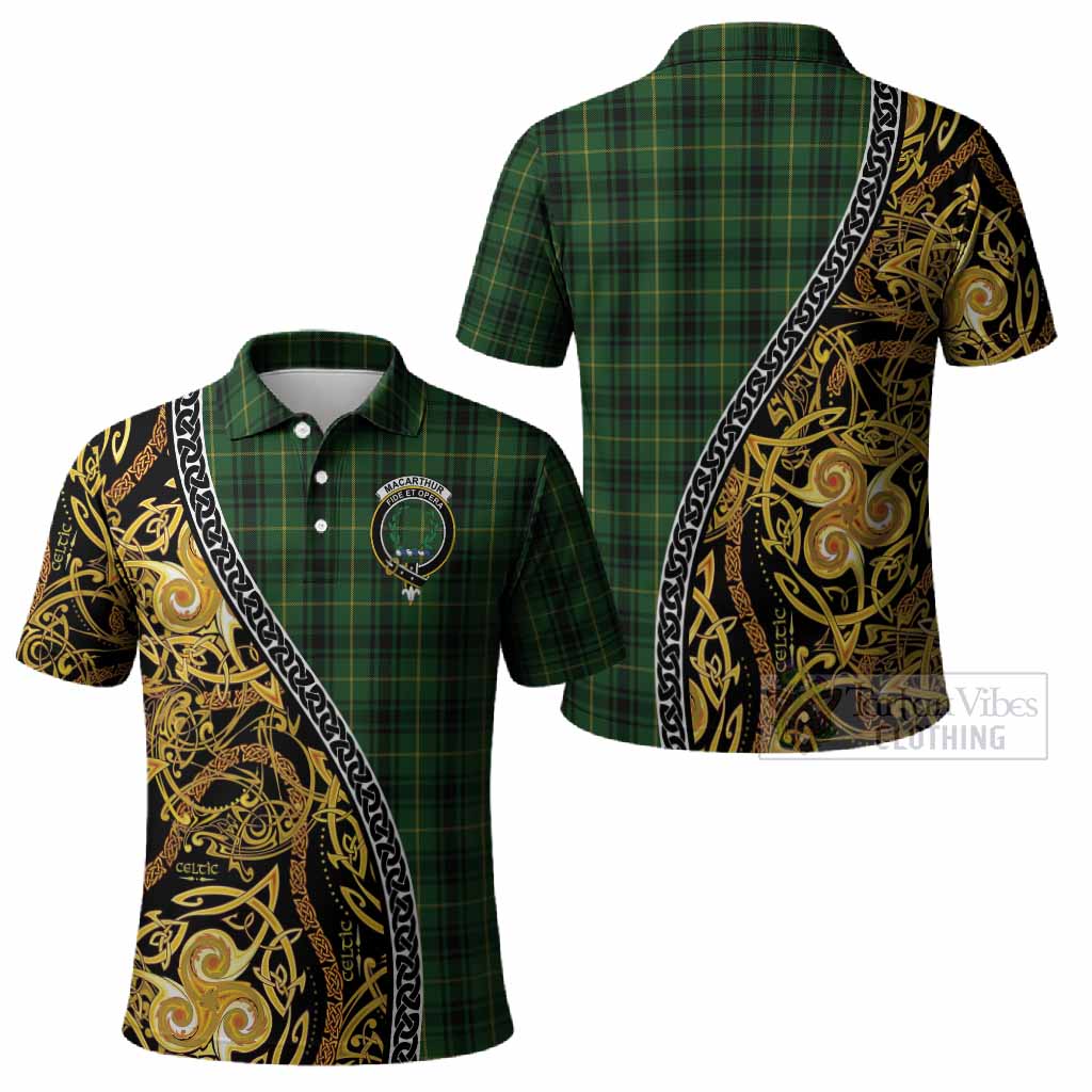 MacArthur (McArthur) Tartan Crest Polo Shirt Celtic Knot and Triple Trickle Spiral Symbols
